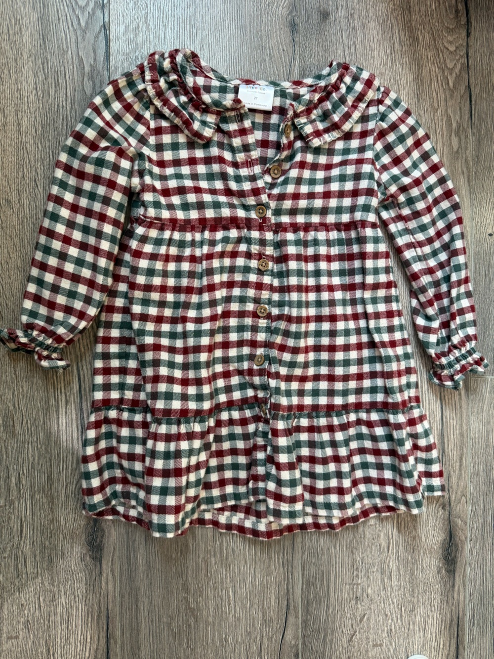 Little Co. 2T Girls Plaid Button-Front Dress with Ruffle Collar - Red & Green
